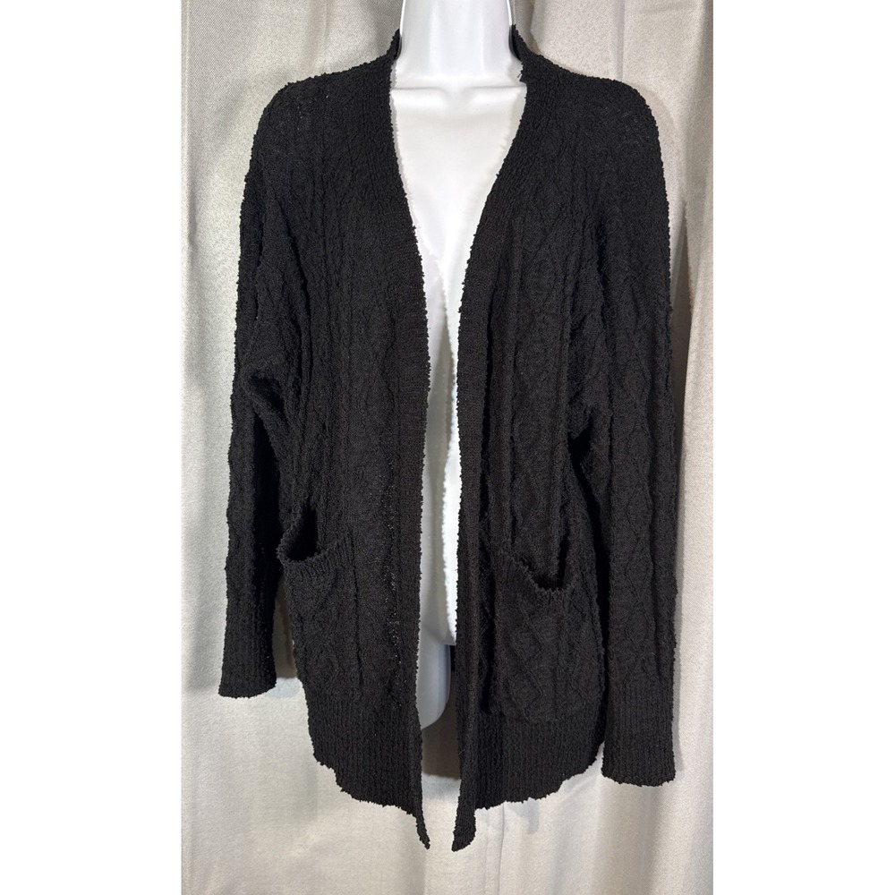 Davi & Dani Black Cable Knit Open Front Cardigan Sweater Pockets Small